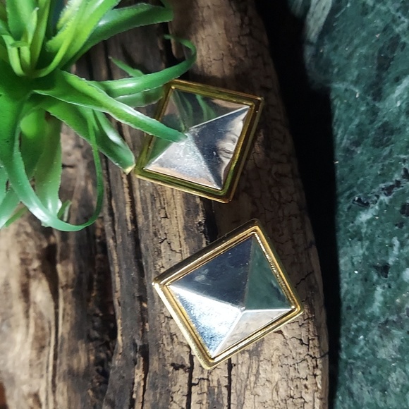 E1769 Vintage Chunky Silver Gold Square Diamond Earrings - Picture 2 of 11